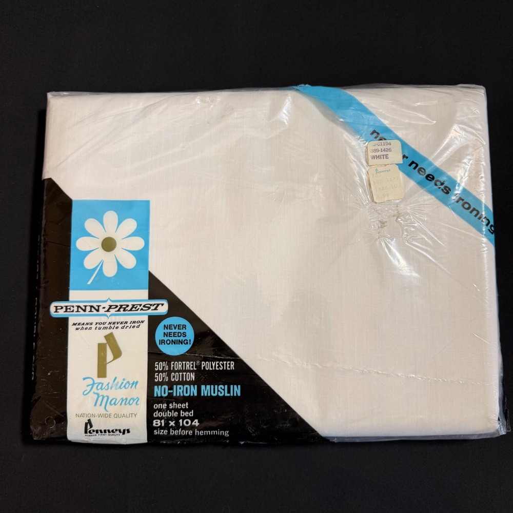 Fashion Manor Vintage Sheet Flat Double Bed JCPenney Penn-Prest White Muslin New